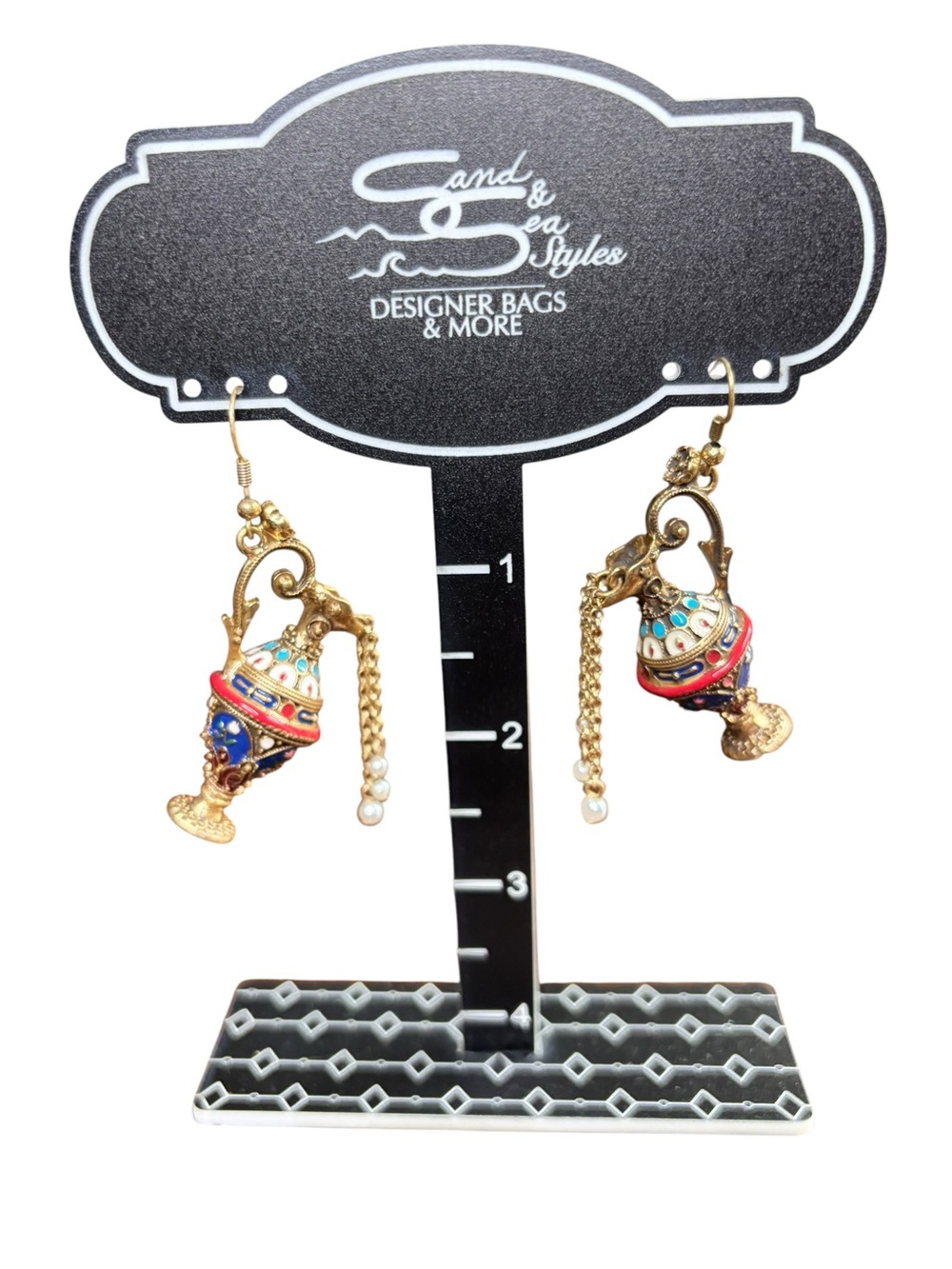 Vintage Cloisonné Enamel Lantern Dangle Earrings | Gold Tone - Picture 3 of 4
